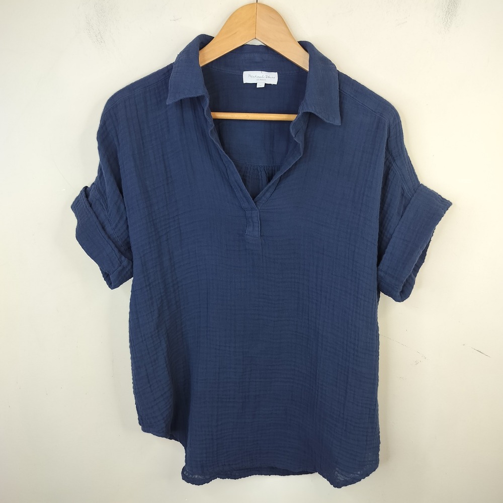 Michael Stars Gauze Cotton Top Medium Short Sleeve Popover Navy Casual